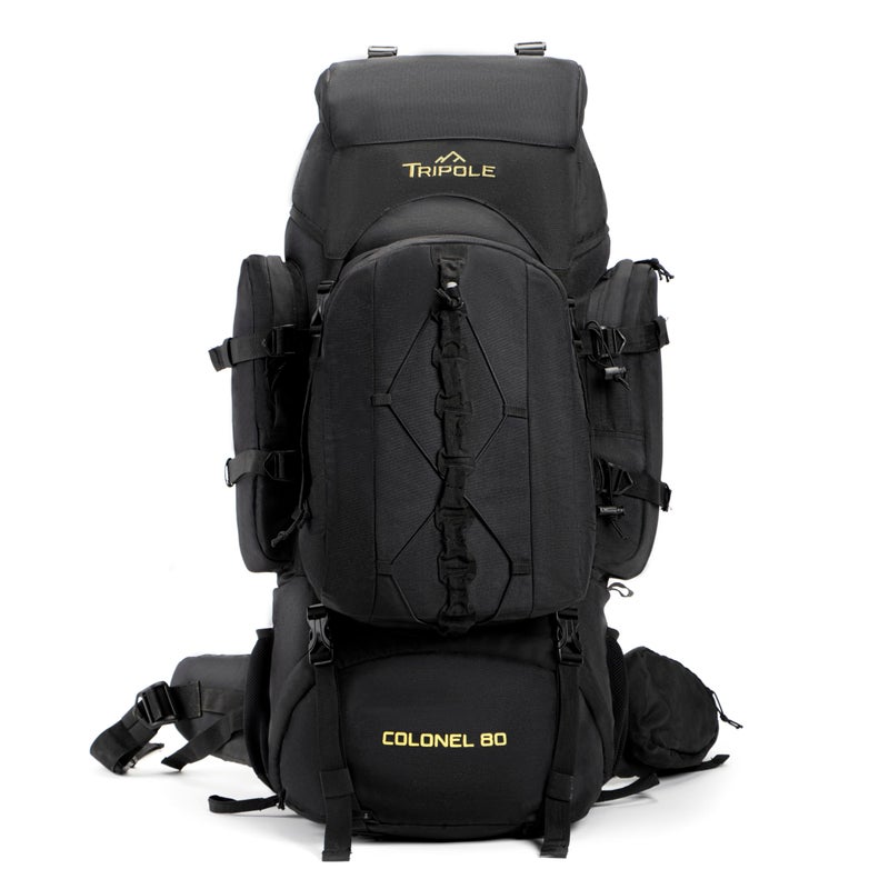 Tripole Colonel 80 Litres Internal Frame Trekking and Hiking Rucksack + Detachable Day Pack, Rain Cover, Black - Image 1